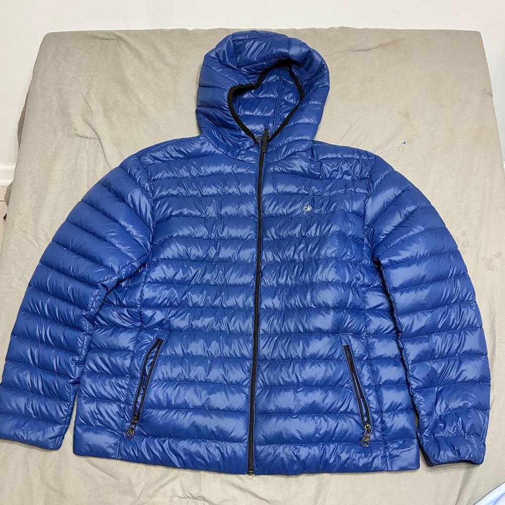 Calvin Klein Mens XXL Packable Premium Down Puffer Jacket Blue Hooded 7 Degrees